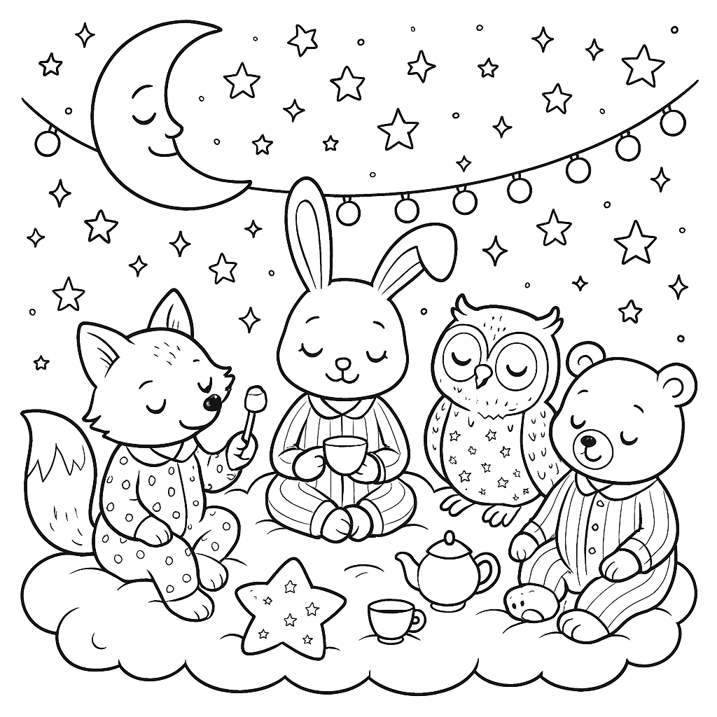 Coloring page of nocturnal animals having a pajama party on a fluffy cloud with moon and stars
